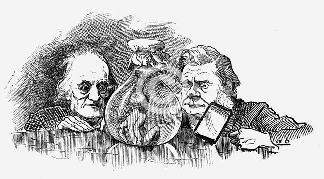 'Water Baby' being examined by Richard Owen and T.H. Huxley. Artist: Edward Linley Sambourne