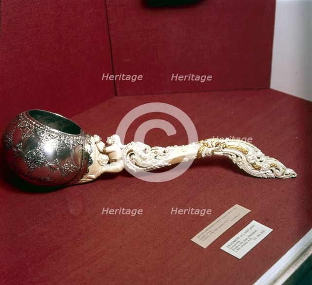 Water-Drinking Ladle, bowl in silver with ivory handle, Ceylon, 17th-18th century. Artist: Unknown.