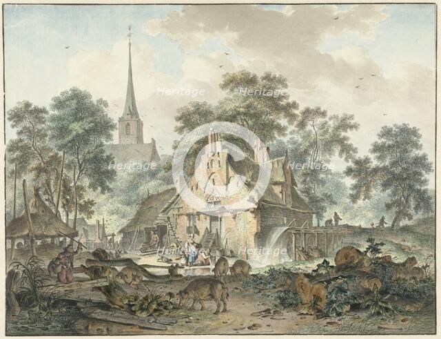Water mill and village church, 1777. Creator: Hendrik Meijer.