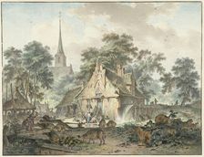 Water mill and village church, 1777. Creator: Hendrik Meijer