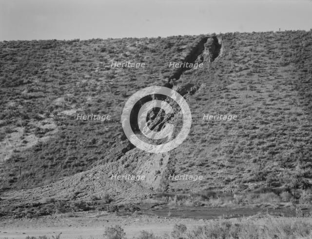 Water seepage from newly irrigated land on top of bench, eroding sides, Dead Ox Flat, Oregon, 1939. Creator: Dorothea Lange.