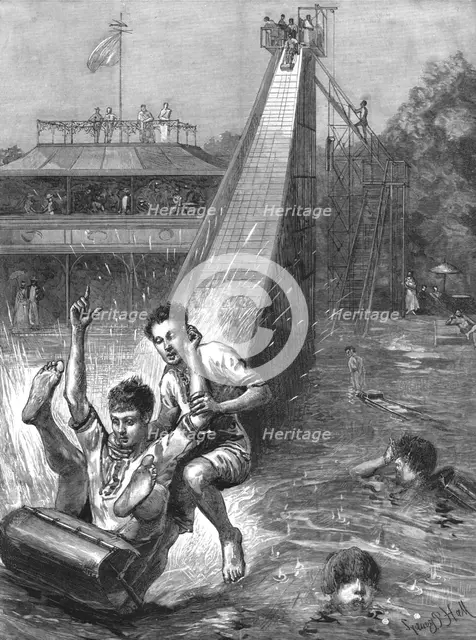 ''Water - Tobogganing- A novel Amusement; after Sydney P. Hall', 1890. Creator: Unknown.