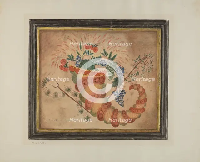 Watercolor: Cornucopia of Fruit, c. 1939. Creator: Mabel S. Kelton.