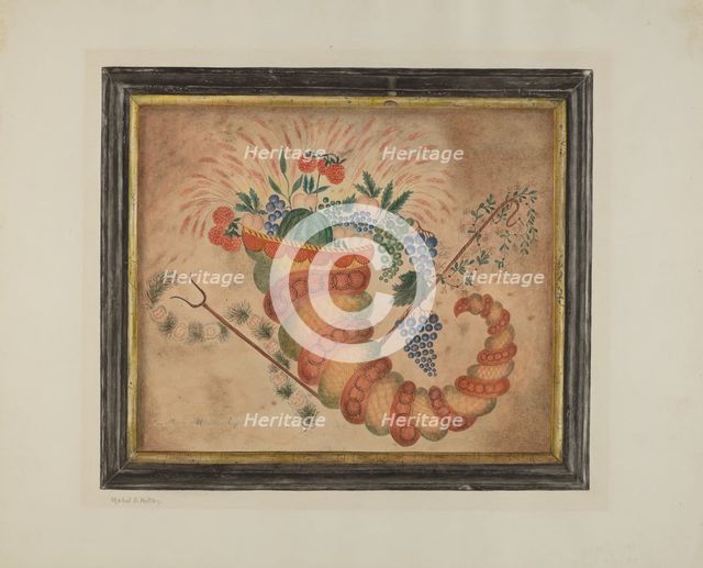 Watercolor: Cornucopia of Fruit, c. 1939. Creator: Mabel S. Kelton.