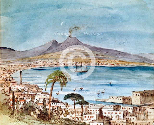 Watercolour of Mount Vesuvius by Felix Mendelssohn from a picture book for his son Paul.   Artist: Felix Mendelssohn