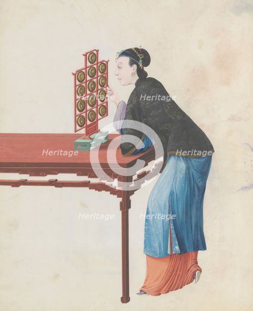 Watercolour of musician playing yunluo, late 18th century. Creator: Unknown.