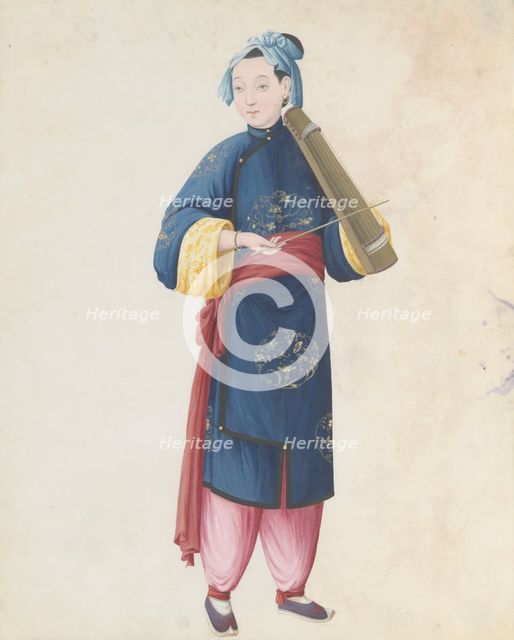 Watercolour of musician playing bowed qin(?), late 18th century. Creator: Unknown.
