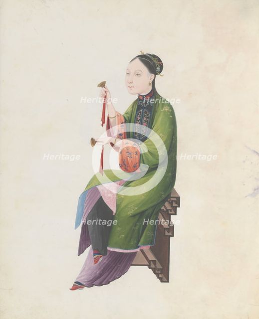 Watercolour of musician playing bo, late 18th century. Creator: Unknown.