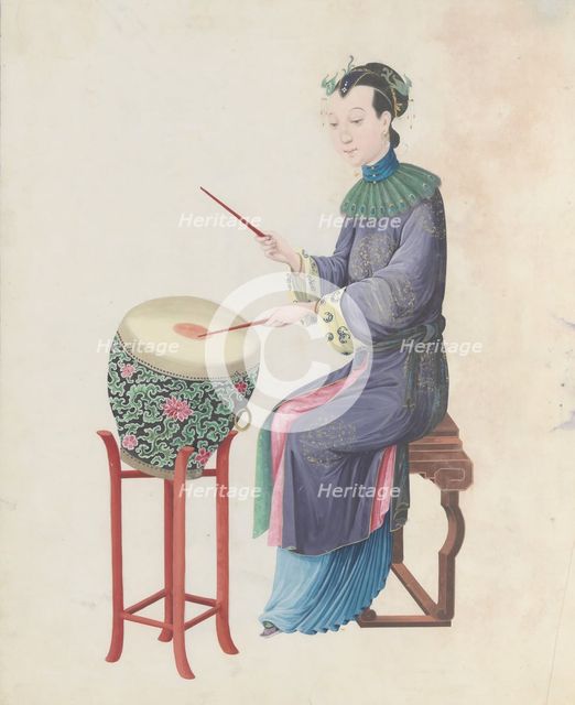 Watercolour of musician playing drum, late 18th century. Creator: Unknown.
