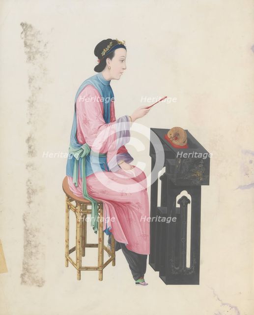Watercolour of musician playing mu yu, late 18th century. Creator: Unknown.