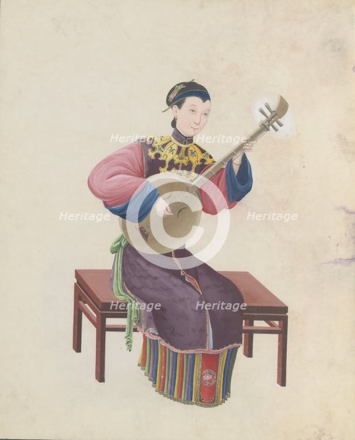 Watercolour of musician playing ruan(?), late 18th century. Creator: Unknown.