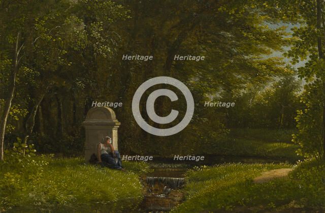 Watercourse by forest clearing with altar dedicated to Love in the northern park at Ermenonville. Creator: Alexandre Haycinthe Dunouy.