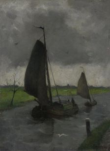Watercourse with Sail Barges, 1885-1912. Creator: Johann Eduard Karsen