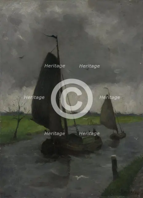 Watercourse with Sail Barges, 1885-1912. Creator: Johann Eduard Karsen.