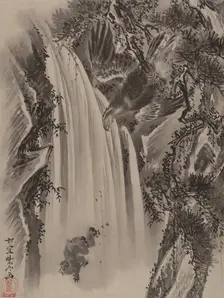 Waterfall, Eagle and Monkey, ca. 1887. Creator: Kawanabe Kyosai