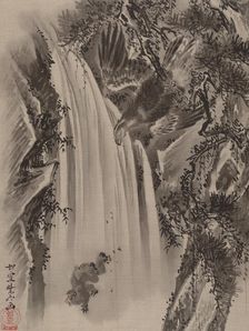 Waterfall, Eagle and Monkey, ca. 1887. Creator: Kawanabe Kyosai