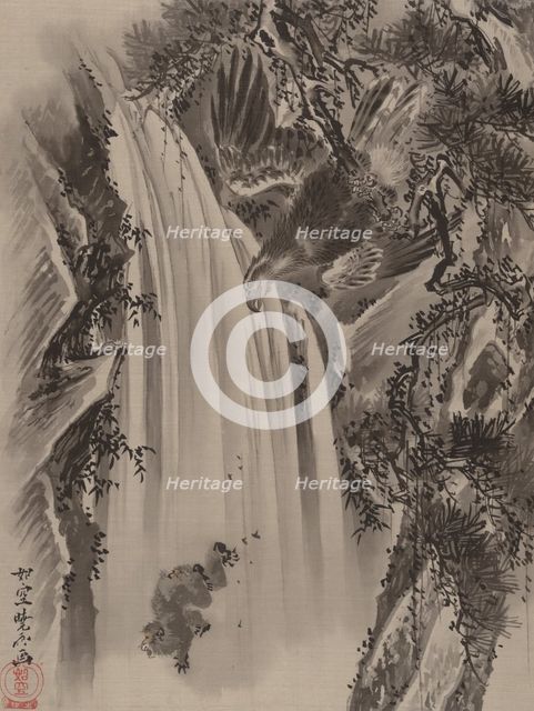 Waterfall, Eagle and Monkey, ca. 1887. Creator: Kawanabe Kyosai.