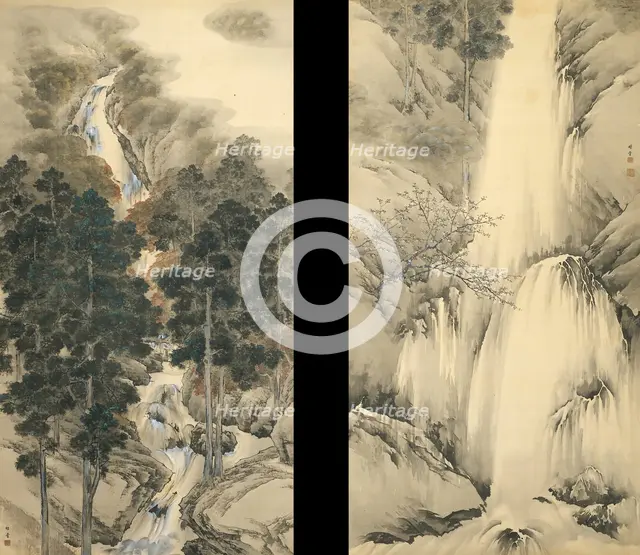 Waterfall in Spring and Autumn (Set of two hanging scrolls), 1893. Artist: Chikudo, Kishi (1826-1897)
