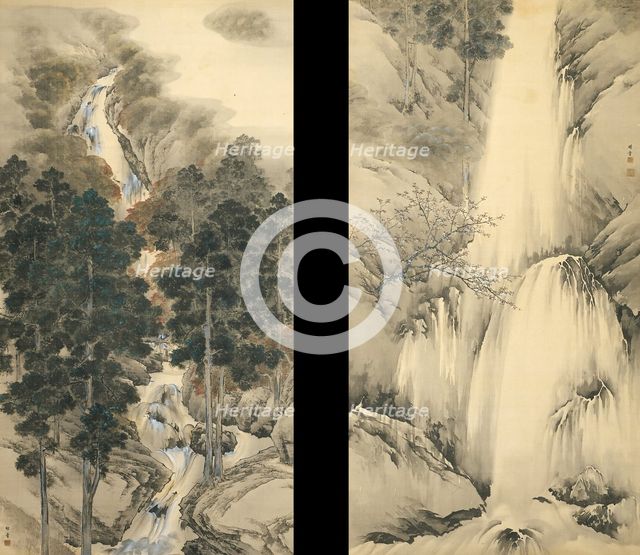 Waterfall in Spring and Autumn (Set of two hanging scrolls), 1893. Artist: Chikudo, Kishi (1826-1897)