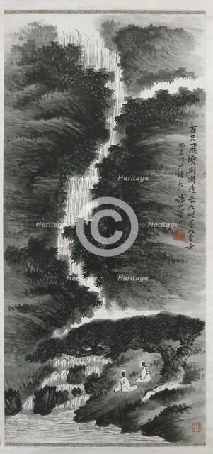 Waterfall landscape with figures, 1883 - 1944. Creator: Xiao Sun.