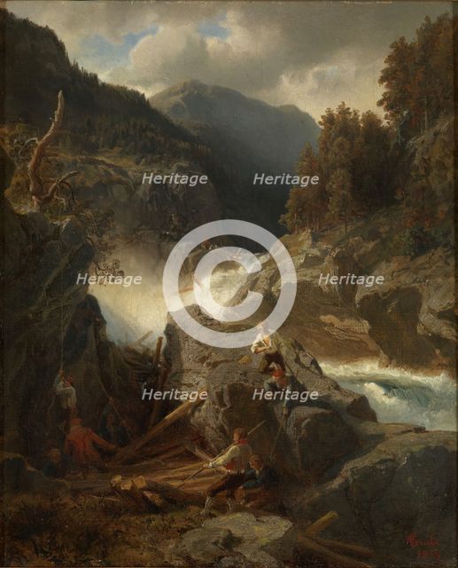Waterfall with Loggers, 1859. Creator: Hans Gude.