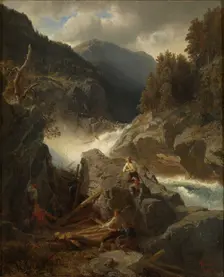 Waterfall with Loggers, 1859. Creator: Hans Gude