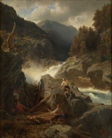 Waterfall with Loggers, 1859. Creator: Hans Gude
