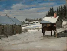 Watering a horse, winter picture, 1879. Creator: Adolf von Becker