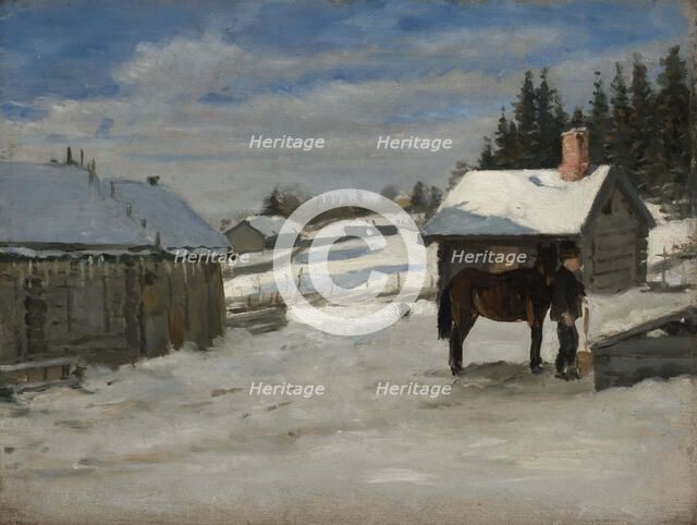Watering a horse, winter picture, 1879. Creator: Adolf von Becker.