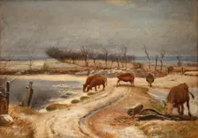 Watering the Cattle on a Winter's Day, 1848. Creator: Johan Thomas Lundbye