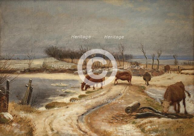 Watering the Cattle on a Winter's Day, 1848. Creator: Johan Thomas Lundbye.