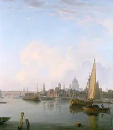 Waterloo Bridge and the Lambeth Waterfront from Westminster Stairs 1821. Creator: Charles Deane