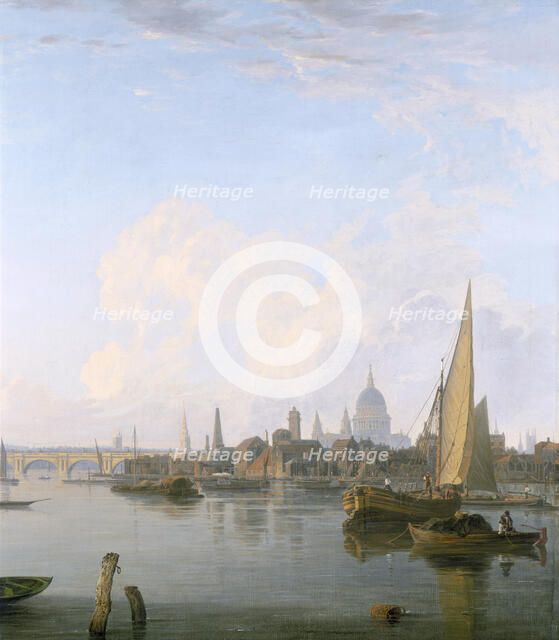 'Waterloo Bridge and the Lambeth Waterfront from Westminster Stairs', 1821. Artist: Charles Deane