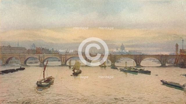 'Waterloo Bridge From Charing Cross Railway Bridge', 1888 (1926). Artist: John Crowther.