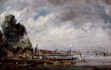 Waterloo Bridge from the left bank of the Thames, c1820. Creator: John Constable