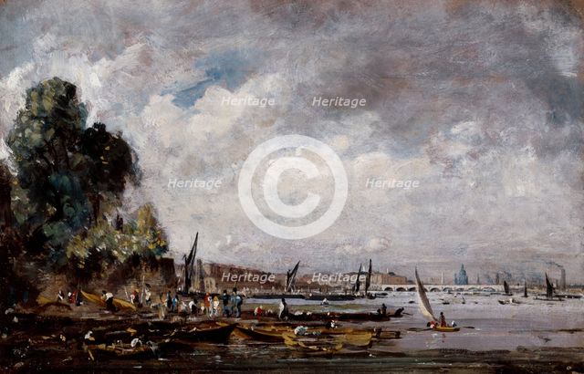 Waterloo Bridge from the left bank of the Thames, c1820. Creator: John Constable.
