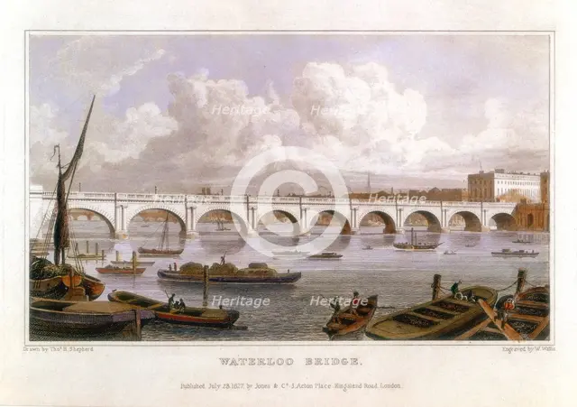Waterloo Bridge, London, across the Thames, 1817. Creator: Thomas Hosmer Shepherd.