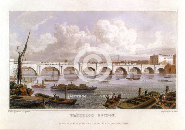 Waterloo Bridge, London, across the Thames, 1817. Creator: Thomas Hosmer Shepherd.