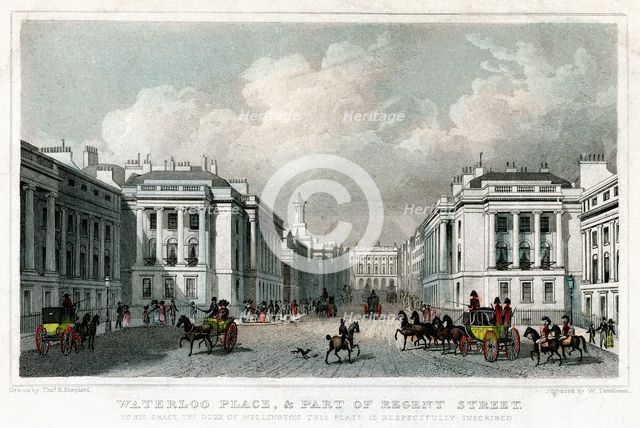 Waterloo Place and part of Regent Street, Westminster, London, 1828.Artist: William Tombleson