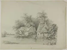 Watermill and Cottage with Thatched Roofs, 19th century. Creator: Unknown