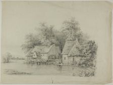 Watermill and Cottage with Thatched Roofs, 19th century. Creator: Unknown