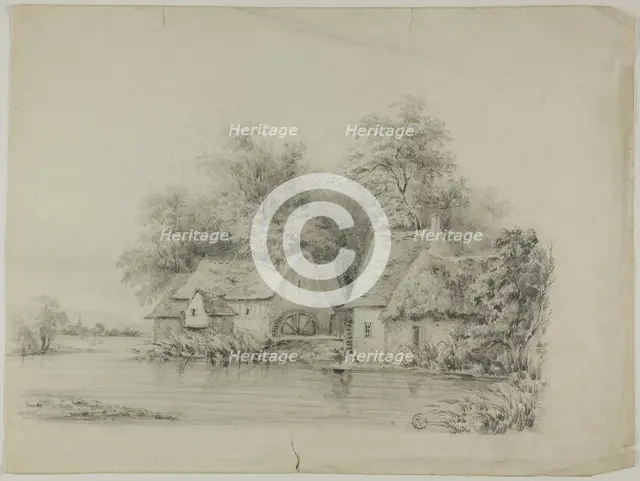 Watermill and Cottage with Thatched Roofs, 19th century. Creator: Unknown.