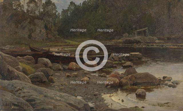 Waterside with Boats, 1869. Creator: Anders Monsen Askevold.