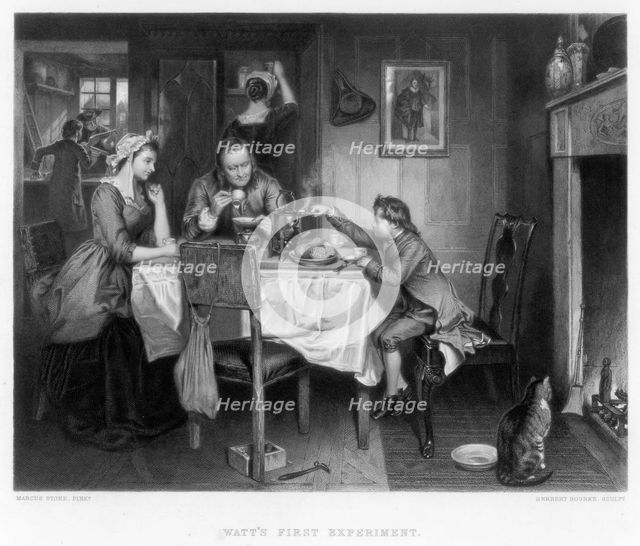 'Watt's First Experiment', 18th century, (c1870). Creator: Herbert Bourne.