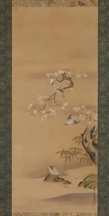 Waxwings, Cherry Blossoms, and Bamboo, late 17th century. Creator: Kiyohara Yukinobu