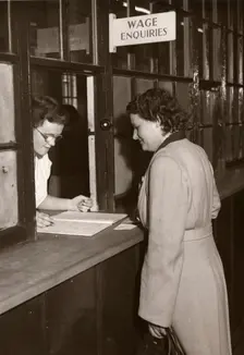 Wages office, Rowntree factory, York, Yorkshire, 1952