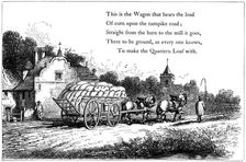 Wagon loaded with sacks of corn on the road to a flour mill, 1860