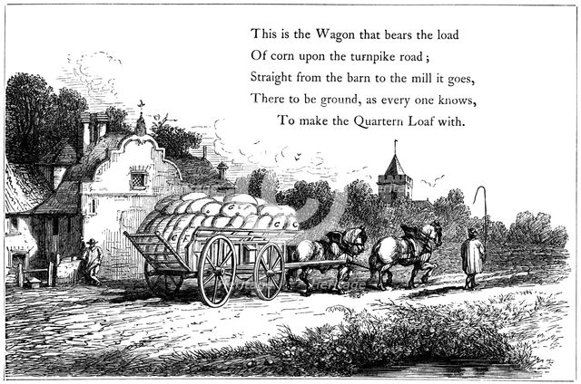 Wagon loaded with sacks of corn on the road to a flour mill, 1860. Artist: Unknown