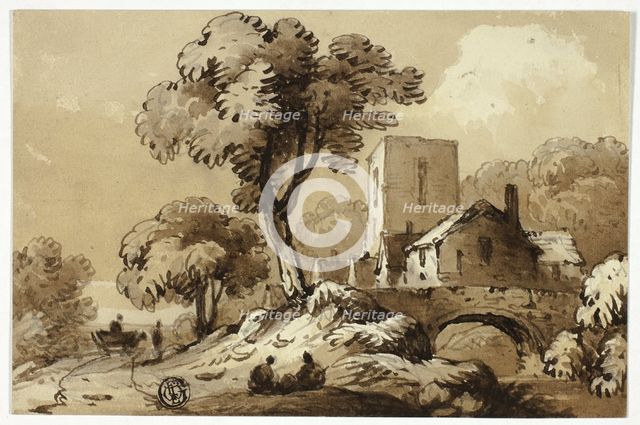 Wagon Passing Group of Houses Beside Stream, n.d. Creator: James Robertson.