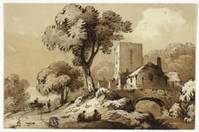 Wagon Passing Group of Houses Beside Stream, n.d. Creator: James Robertson